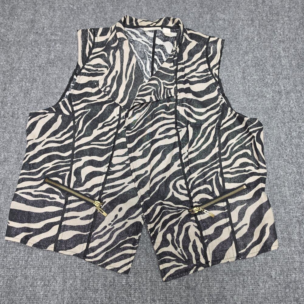 Chico’s Womens Size 2 Zebra Print Linen Blend Vest Zip Pockets Black Beige